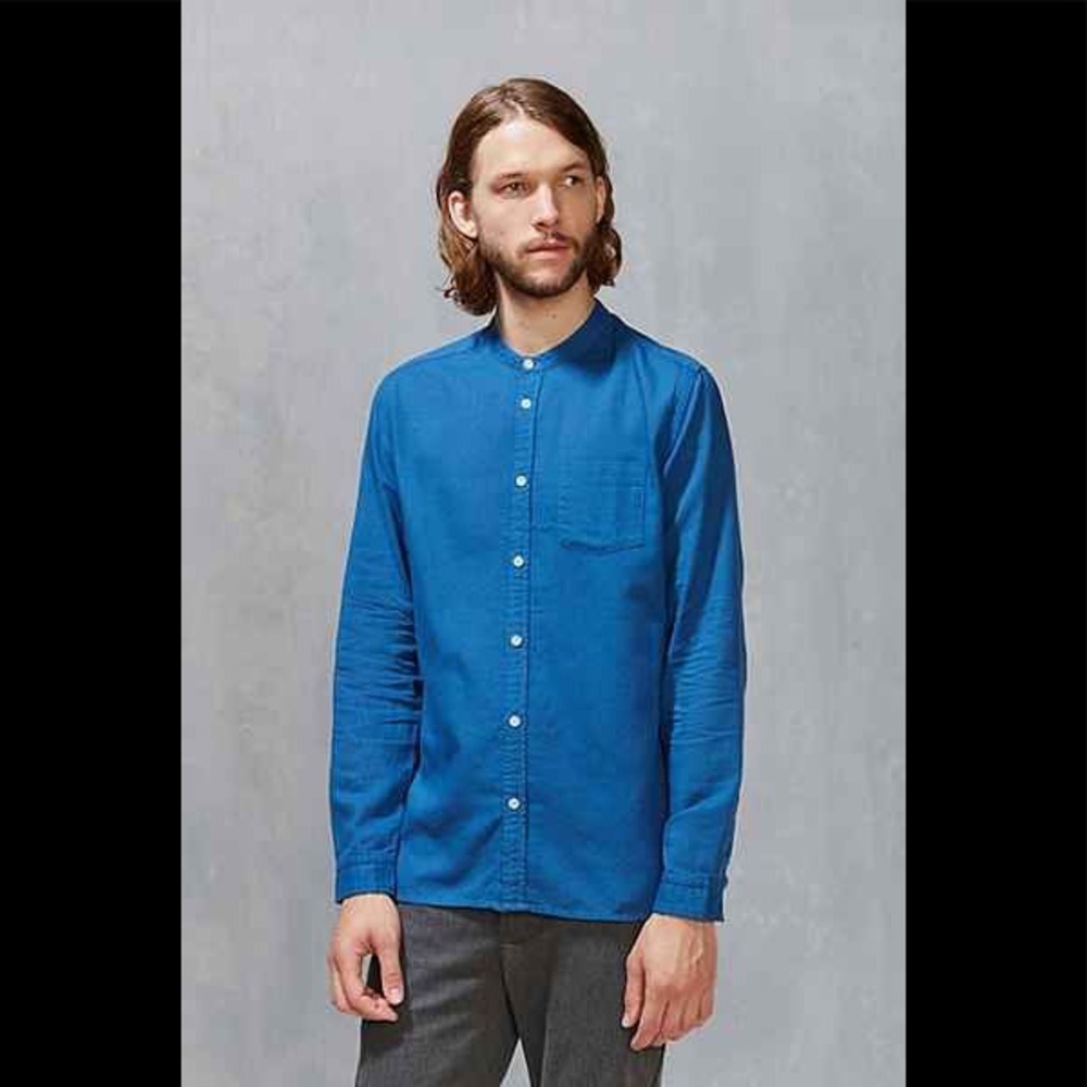 Cotton Mandarin Collar Button-Down Long Sleeve Top - image 1
